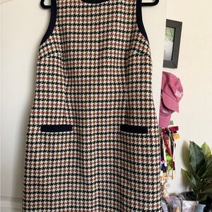 Boden Multicolor Houndstooth Tweed Dress with Navy Trim